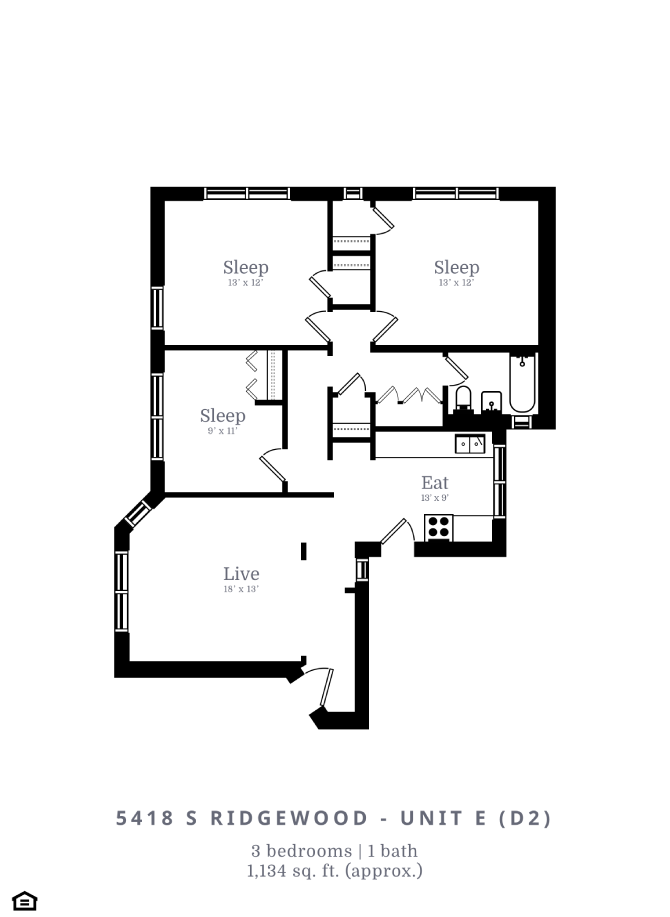 Floor plan for 3 beds, 1 bath, 1106 sqft